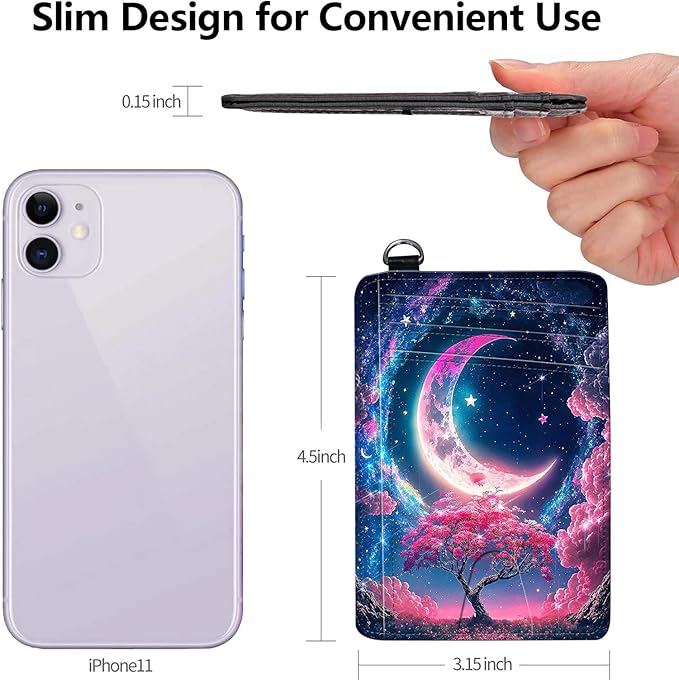 Slim RFID Blocking Card Holder Wallet with Wrist Strap - Minimalist Front Pocket Wallet, Sky Moon Design, PU Leathe, for Men & Women, Ideal for Travel & Gifts
