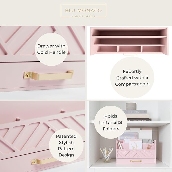 BLU MONACO | Pink Desk Organizers Wooden Mail Organizer with Drawer | Mail Sorter Organizer Countertop Gold Handle | Desk Organizers and Accessories Pink Office Storage