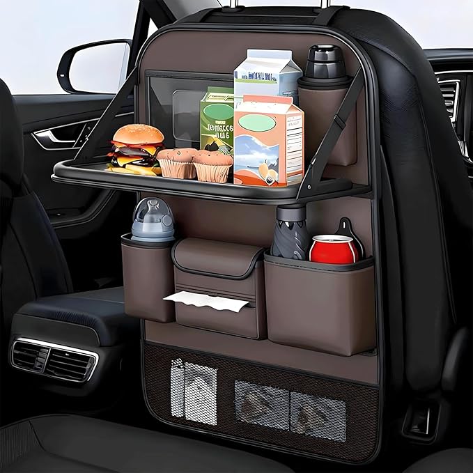 Universal Foldable Car Backseat Organizer with Table Tray, Car Seat Back Protector with Touch Screen Phone Holder, Premium Leather Kick Mats with Storage Pockets Tissue Holder (Brown)