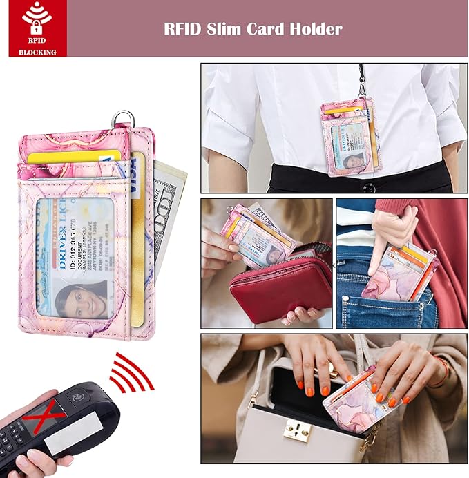 Coco Rossi Slim Front Pocket Wallet RFID ID Card Holder Cute Small Wallet with Wrist Lanyards Key Chain Holder for Women,Pink Marble