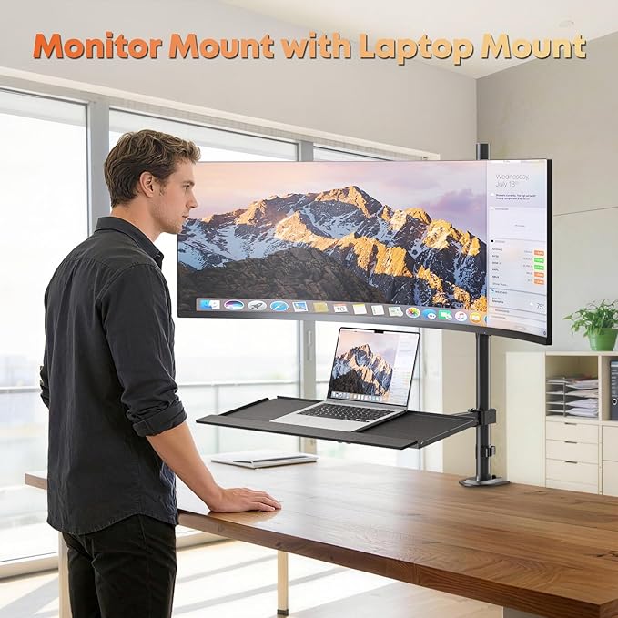 PUTORSEN 49''Monitor Arm with Keyboard Tray, Sit Stand Monitor Desk Mount, 44 lbs Monitor& 19.8 lbs Tray Capacity, C-Clamp & Grommet Mount,Standing Workstation Option