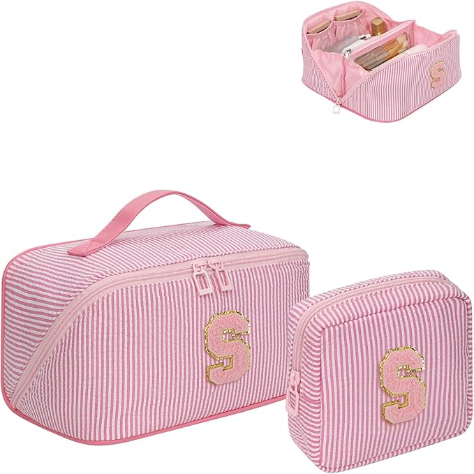 2026 Graduation Gifts - Travel Makeup Bag for Women, 2Pcs Portable Personalized Initial Makeup Organizer Bag, Open Flat Large Cosmetic Bag With Travel Essential Pouch (Pink Letter S)