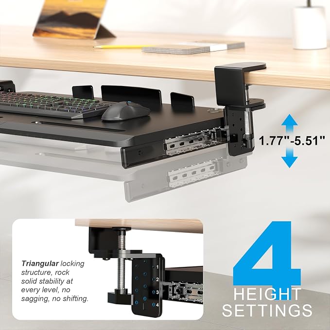 Supcline Keyboard Tray Under Desk with 60° Swivel C-Clamp & Height Adjustment for Corner Desk, 25.6 x 11.8 in Slide Out Keyboard Mouse Platform for l-Shaped & L-Shaped Table, Pull Out Keyboard Drawer