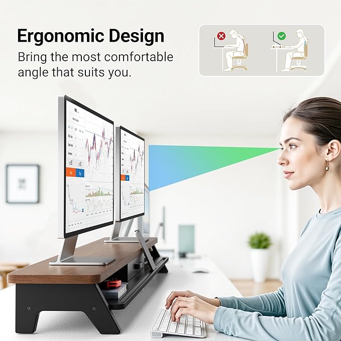 AFOOYO Dual Monitor Stand Riser,LED 2-Tier 39.3 Inch Computer Monitor Stand for 2 Monitors,Office Desktop Organizer with Storage Drawer and Phone Holder for Laptop,PC,Computer,Printer,Walnut