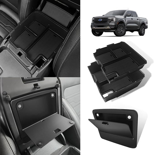 Muslogy Center Console Organizer Two-Layer & Hidden Box Magnet Opening Design Compatible with Ford Ranger 2024 2025 2026 & Raptor Accessories Secret Organizer Insert Tray Divider Storage Box