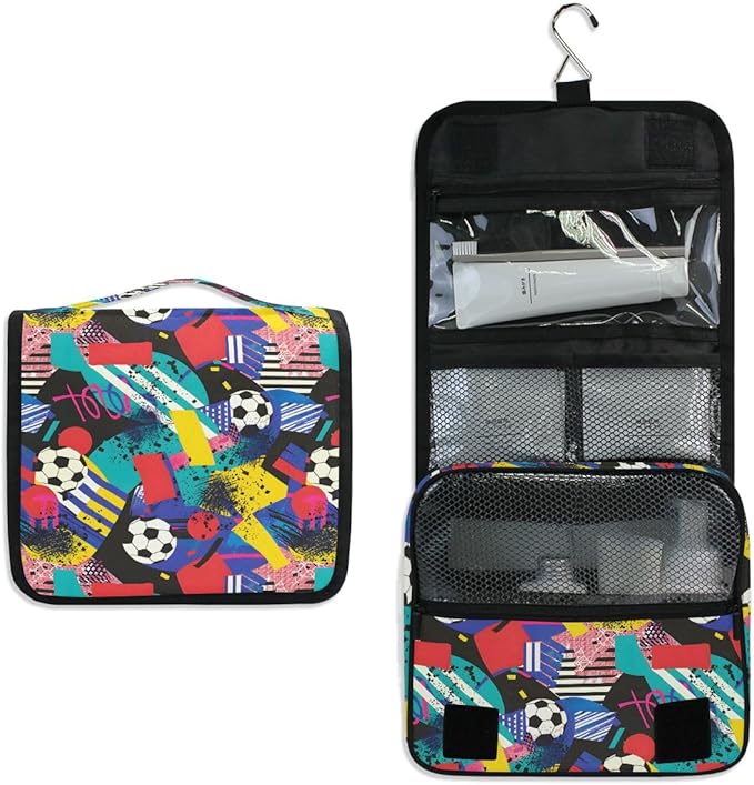 Hanging Travel Toiletry Bag Kit Boys Makeup Case Cosmetics Organizer for Men Women (Inspired Soccer Bright Colors)