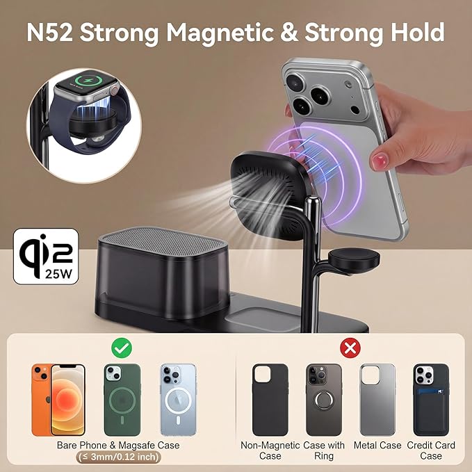 45W 5 in 1 Wireless Charging Station with Alarm Clock and Bluetooth Speaker & Night Light, Qi2.2 25W Fast Charger for MagSafe for iPhone 17/S26 Ultra, Charger Stand for iWatch & Galaxy Watch