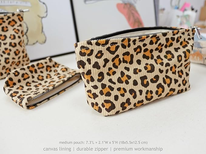 HAPPYHEIDI Cheetah Corduroy Makeup Bag Set 3 Cosmetic Toiletry Travel Pouch Purse Organizer, 3-Size, Vintage Brown Leopard