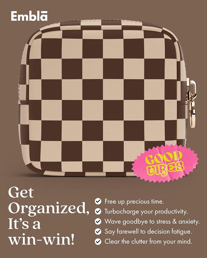 Makeup Bag Travel Cosmetics Pouch and Toiletry Bag, Nylon Zipper Pouch Purse, Cute Make Up Organizer Storage Tote for Women Girls, Travel Skincare Case, Mini Makeup Case, Chocolate Sand Checkered