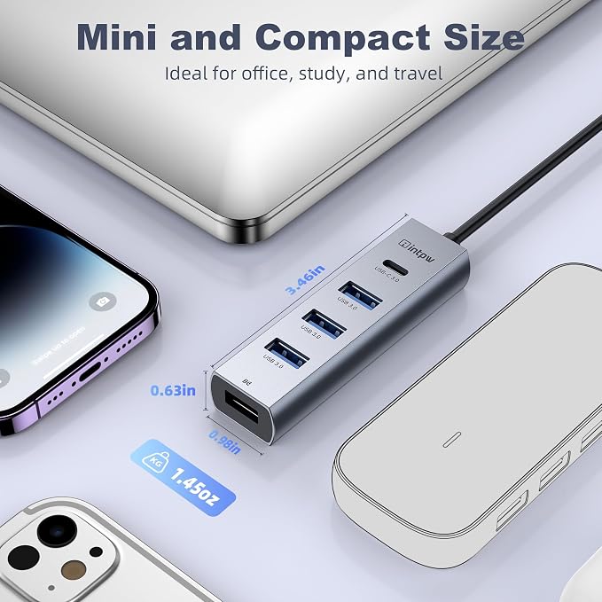 5-Port USB C Hub, intpw USB C to USB Adapter with 1 USB-C/3 USB-A 3.0 Data Ports, 5Gbps Aluminum Multiport USB-C Hub Adapter Long Cable for Laptop, MacBook, iPad, PC(4FT)