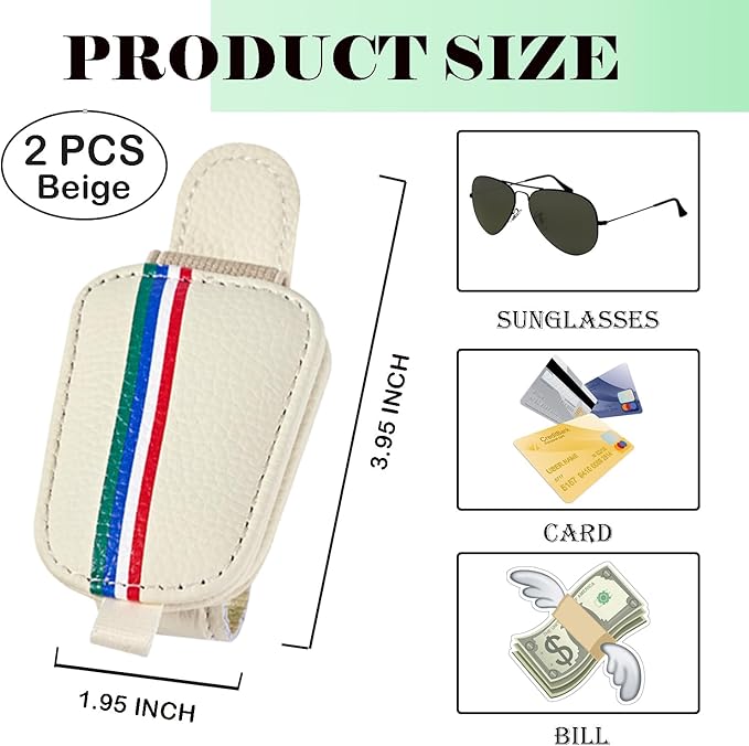 Sunglasses Holder for Car Visor - Universal Car Eyeglass Glasses Magnetic Clip - 2 Pack Leather Car Convenient and Fashion Sunglass Organizer Hanger Clip Ticket Card Clip Interior Accessories (Beige)