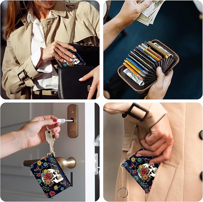 Credit Card Holder RFID Wallet, Small Card Holder Wallet for Women with Keychain Zipper, Funny Leather Print Credit Card Wallets Accordion Gift