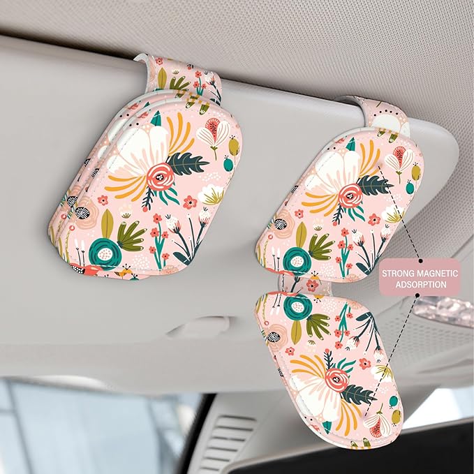 2 Pack Sunglass Holder for Car Visor, Universal Magnetic Car Sunglass Holder for Different Size Eyeglasses, Car Visor Accessories (Flower-Pink)