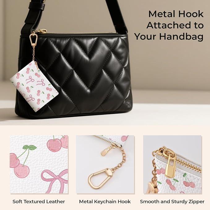 Coquette Bow Keychain Cute Coin Purse for Women, Small PU Leather Change Pouch, Zipper Little Tiny Travel Wallet for Girls, Kawaii Zip Pocket Coin Holder with Key Ring