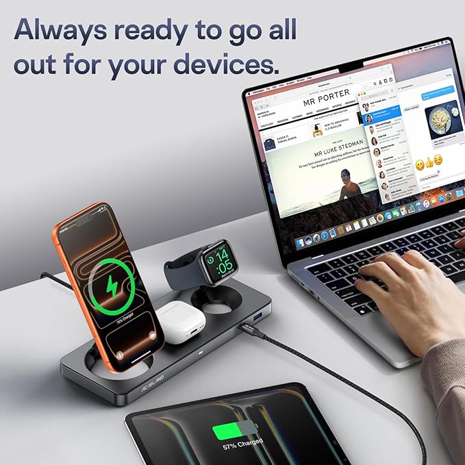 AC ISLAND 5-in-1 Qi2.2 Wireless Charger for MagSafe, 25W Foldable Magnetic Stand, Travel Charging Station for iPhone 17-12 & Air Series, Apple Watch, AirPods, with 65W GaN Adapter (Gray, for Apple)