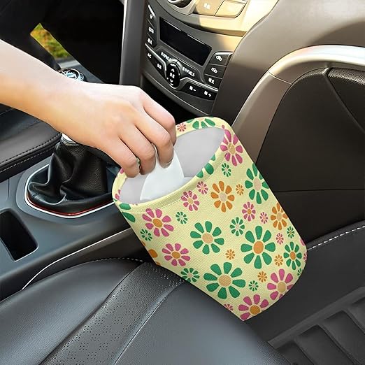 Colorful Hippie Flower Car Trash Bin Garbage Can Foldable Rubbish Bin Basket Bag Portable Cup Holder Organizer with Strap Universal Storage Bag Box for Fit Most Cars, SUVs, Trucks