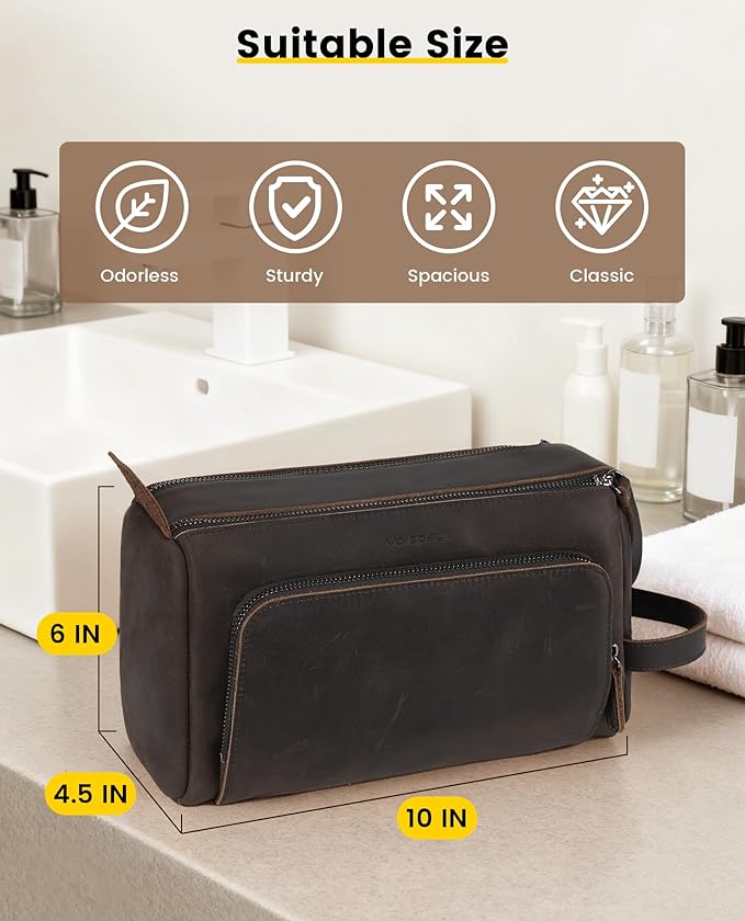 Vorspack Genuine Leather Toiletry Bag for Men - Water Resistant Travel Bag for Toiletries, Essentials, Accessories - Dark Brown