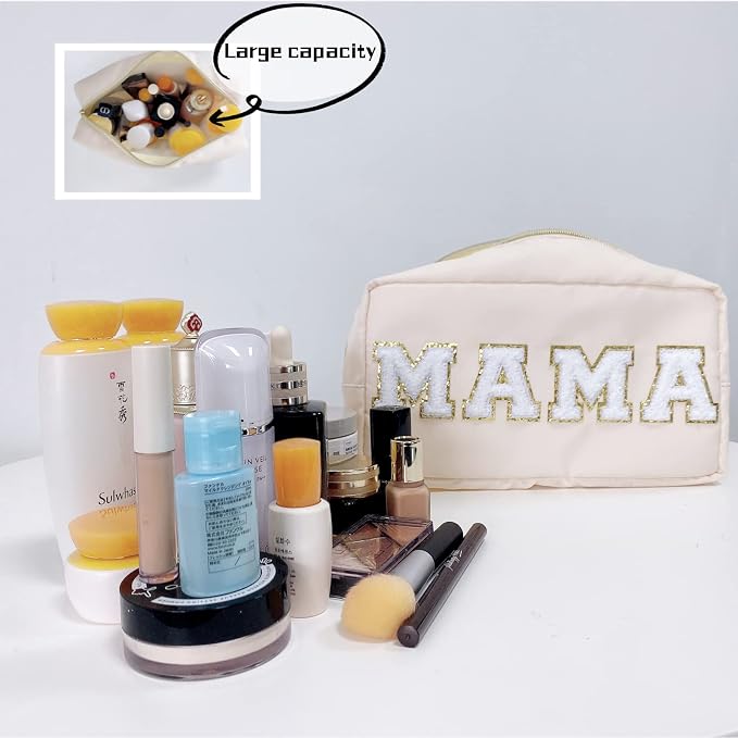 Chenille Letter Bag Mama Gift Makeup Bag Nylon Cosmetic Bag with Varsity Patch Makeup Pouch Bag Gift Toiletry Bag For Travel