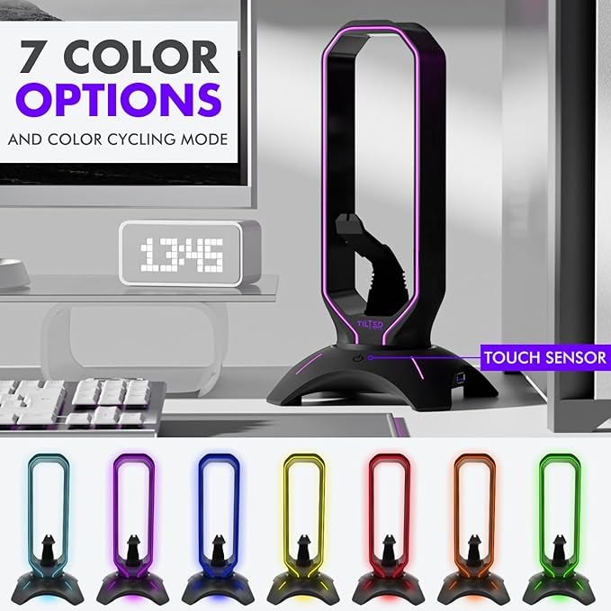Tilted Nation Gaming Headset Stand | RGB Headphone Stand for Desk with Mouse Bungee and USB Hub (Cool and Clean Setup) Gaming Headset Holder - Perfect Gamer Gift Accessory