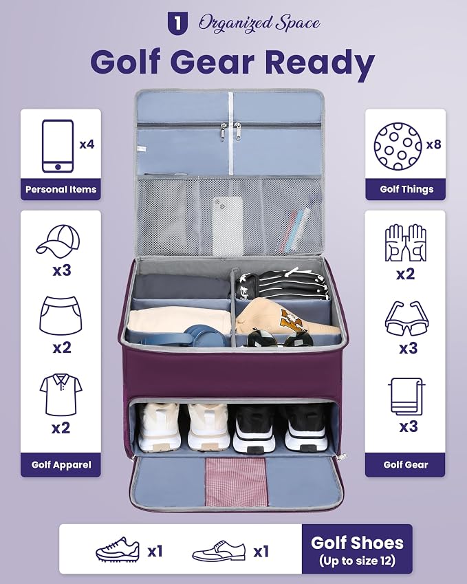 Golf Trunk Organizer for Golf Shoes Clothes Gloves Hats Large Collapsible Golf Storage Box with 4 Dividers Water-Resistant Golf Shoe Bag for 2 Pair of Shoes Golfing Accessories for Men Women Golfers