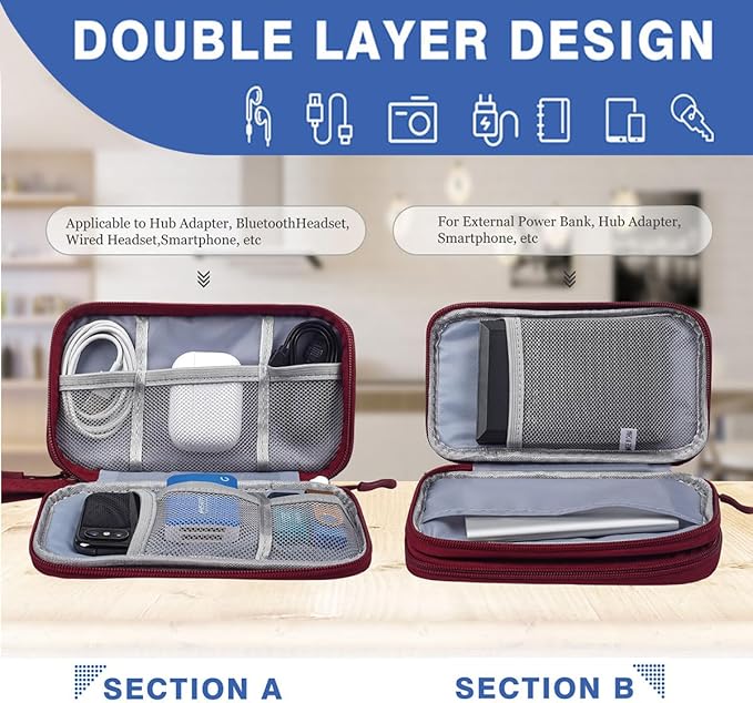 CAAORDKSO Electronic Cord Organizer Travel Case, Travel Cable Organizer Bag, Waterproof Electronic Accessories Carry Pouch for Cable, Cord, USB, Charger, Phone, Power Bank, Earphone (Wine Red, Medium)