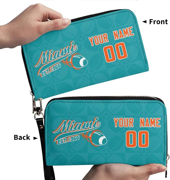 Custom Sports Team Zip Organizer Wallet-Personalized PU Leather Wallet with Name Number,Multi-Card Slots,Wrist Strap,Fan Gift for Men Women.