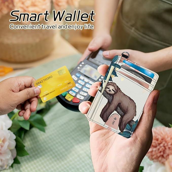 Small Travel Wallets, Sloth Slim Minimalist Front Pocket Wallet with Wristlet, RFID Blocking PU Leather Credit Card Holder with ID Window Change Purse for Men Women