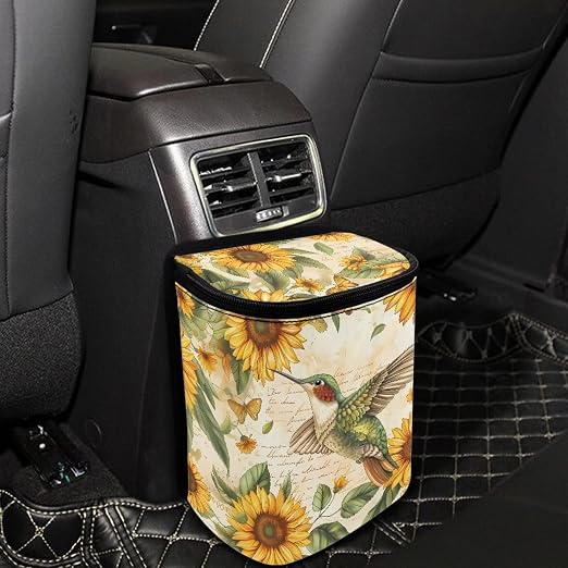 Biyejit Car Trash Can with Lid Collapsible Waterproof Car Garage Bag Reusable Hanging Automotive Garbage Bin with Adjustable Strap Car Accessories Interior Car Organizer, Sunflower Hummingbirds