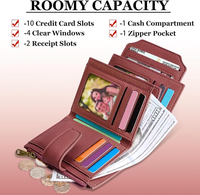 Airkit Small Wallet Women RFID Blocking Soft Leather Bifold Compact Card Holder Wallet for Women with Zipper Coin Pocket 4 ID Window