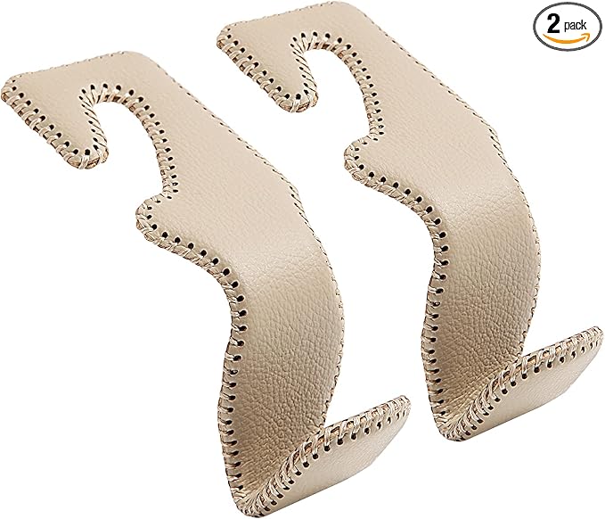 Car Purse Hook, Back Seat Headrest Genuine Leather Hangers Durable Vehicle Organizer Accessory for Hanging Grocery Bags, 2 Pack, Beige