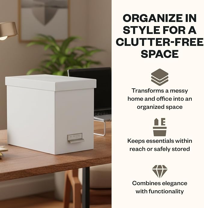 Bigso John Fiberboard Label Frame Desktop File Storage Box - Document Organizer for Important Paperwork - Durable Hanging File Box with Lid & Metal Label Window - 7.36 x 13.38 x 10.51 in - White - 2pk