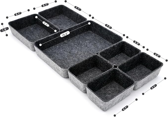 Welaxy Drawer organizers tray felt storage bin office Shallow Small Desk box Draw dividers stylish interior room decor 7-piece (Charcoal)