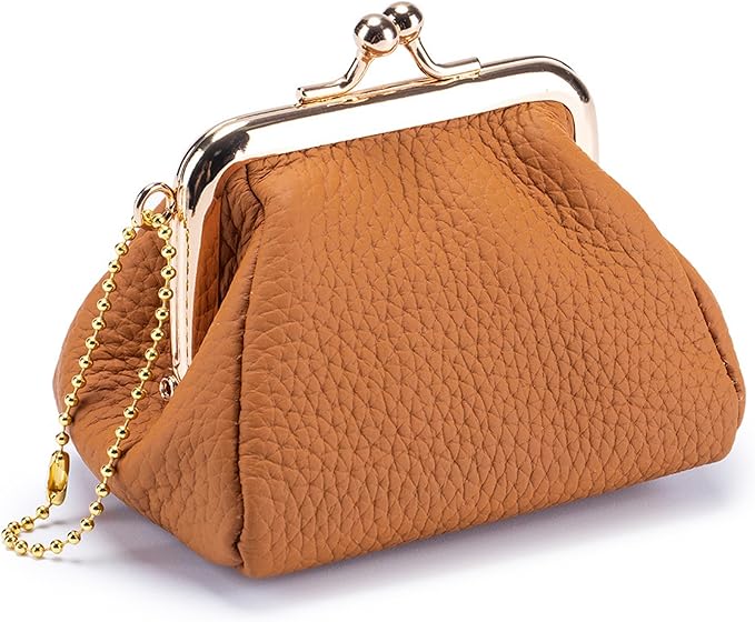 Genuine Leather Coin Purse for Women, Cute Mini Lipstick Holder Case, Small Vintage Kiss Lock Jewelry Storage Organizer Change Bag Pouch (Brown)