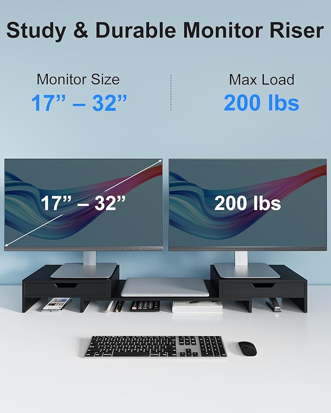 Epesoware Dual Monitor Riser with Two Drawers for Desk, Bamboo Monitor Stand Riser with Storage, Desk Shelf for Computer, IMac & Laptop, No Assembly Required, Black