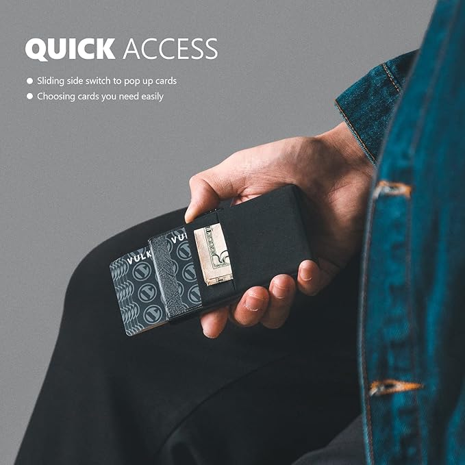 VULKIT Minimalist Wallet with ID Window & EDC Pocket Pop Up Card Holder RFID Blocking Slim Wallet Design for Airtag Cash Coins & Credit Cards