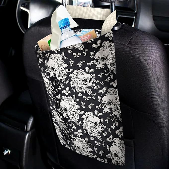 IRADA Car Trash Bag Hanging No Snap Small Garbage Bag for Car Back Seat Cute Printed One-Handed Strap Trash Bags Car Accessories-Halloween Skull Car Trash Bags