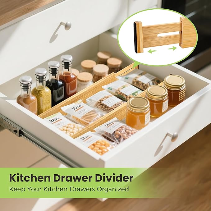 Drawer Divider, Adjustable Bamboo Kitchen Drawer Organizer, Spring Loaded Drawer Organizer, Dresser Separators for Kitchen, Bathroom, Clothes, Office Desk Storage (Natural, 8 Pack Large)
