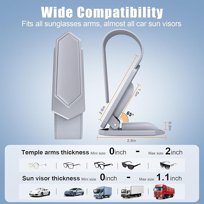 Veharvim Sunglass Holder for Car (One-Handed-Operation, Gentle & Secure Hold, Silicone Padded, Universal Fit, Metal Clip) Visor Sunglass Holder Clip,Visor Sunglass Holder Car (Grey1, 2 Pack)