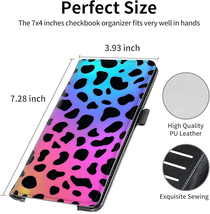FUYOCWE Leather Checkbook Covers for Men Women Check book Holder Cover Wallets for Personal Checkbook Duplicate Checks with RFID Blocking & Elastic Strap-Colorful Leopard Print