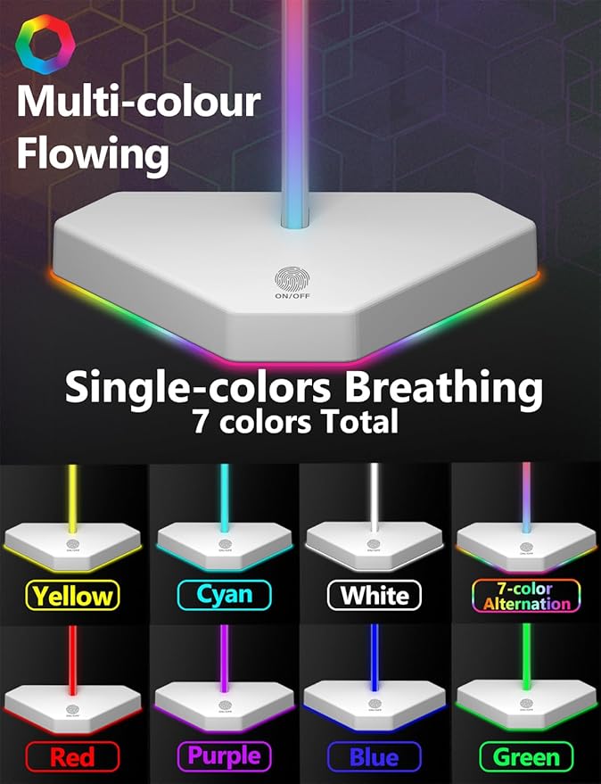 RGB Headphone Stand with 2 USB-C Charging Port and 1 USB Charging Port, Desk Gaming Headset Holder with 7 Light Modes and Non-Slip Rubber Base Suitable for All Earphone Accessories (White)