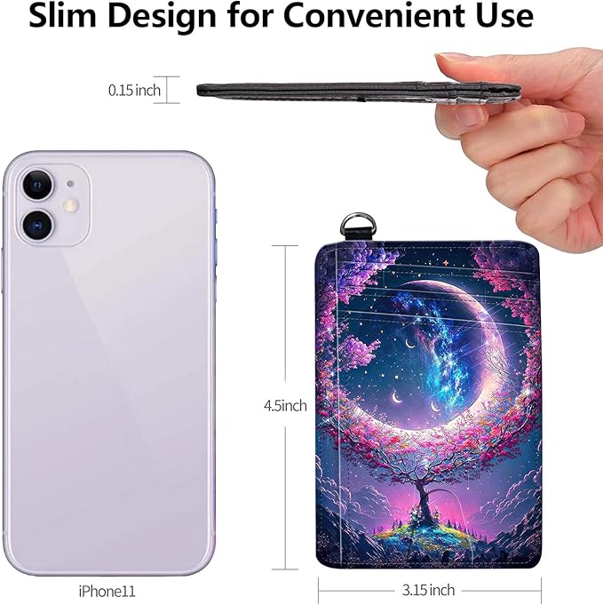 Slim RFID Blocking Card Holder Wallet with Wrist Strap - Minimalist Front Pocket Wallet, Trees Surround the Moon Design, PU Leathe, for Men & Women, Ideal for Travel & Gifts