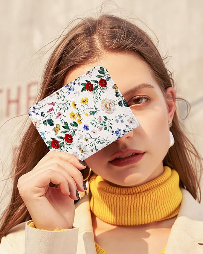 Bistup Credit Card Holder Wallet for Women Cute Leather Ladies Teen Girls Female Cardholder Wallets Accordion Purse Small Medium Aesthetic Print Flower Floral Modern Design Rfid Zipper Around