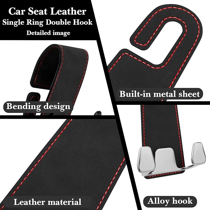Adorila 2-Pack Car Headrest Hooks | 2-in-1 Vegan Leather Purse Hanger & Phone Holder | Automotive Seat Back Organizers for Bags, Hats or Groceries (Black)