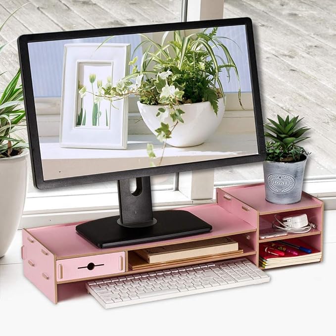 Alvinlite Monitor Stand Riser with 2 Tier Shelf, Desktop Organizer Desk Monitor Stand with Drawer for Screen, Laptop, Printer, Bookshelf for Home & Office, 18.7 Inch Wood Shelf, Pink