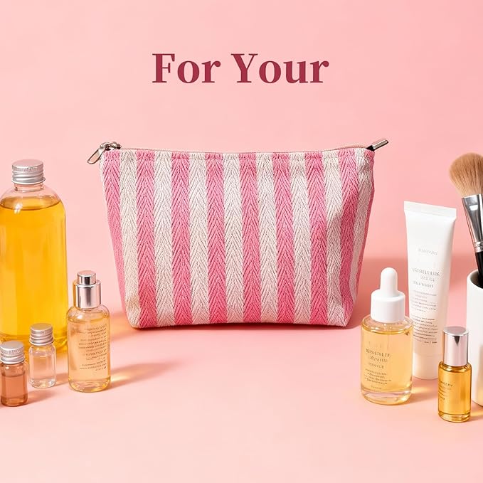 itgowisa Pink Striped Canvas Makeup Bag, Lightweight Cosmetic Pouch with Large Zipper Pull & Cotton Blend Lining, Travel Toiletry Organizer for Women & Gifts, Skincare Bag Hygiene Pouch Sunscreen Bag