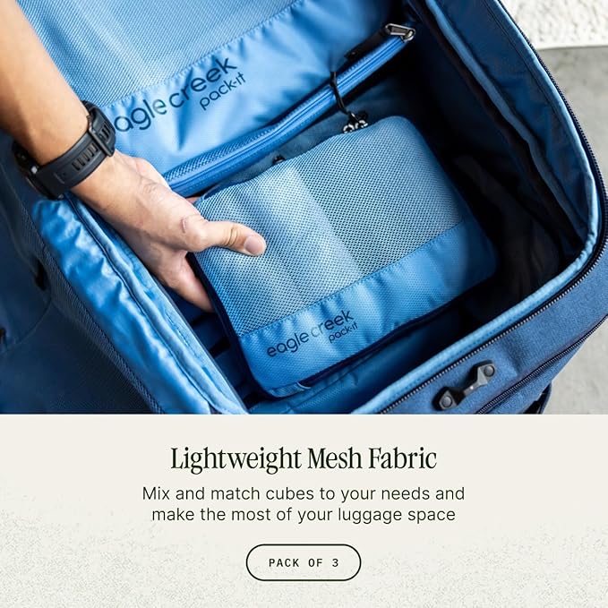 Eagle Creek Pack-It Reveal Cube Set - Packing Cubes for Compartmentalizing Luggage - Durable - Ultra-Lightweight - Water-Resistant - Easy Grab Zipper Pull - Mesh Windows - Blue Dawn - XS/S/M