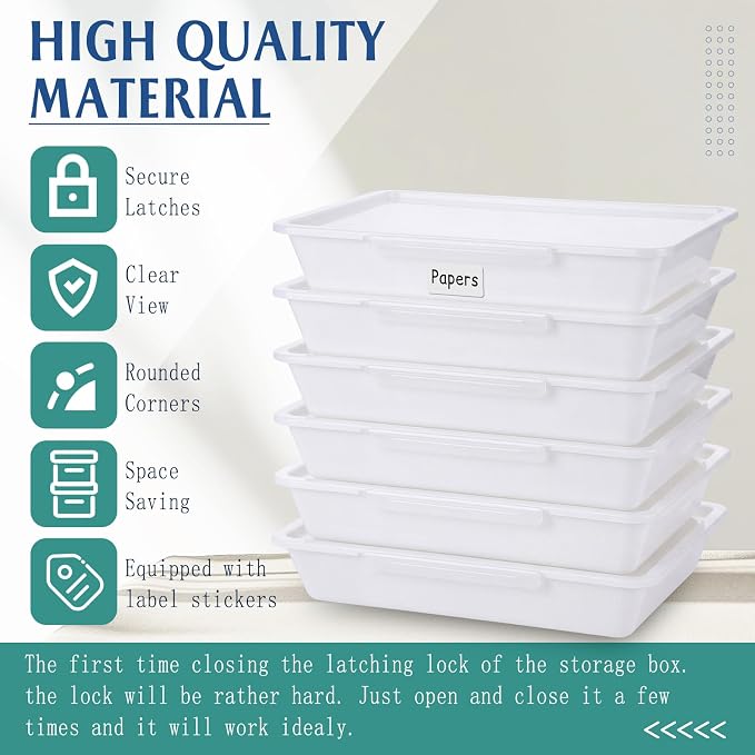 Tinlade 12 Pcs Classroom Paper Storage Bins with Clear Latching Lid, Label Stackable Letter Size Flat Tray Container for Teacher Back to School Supplies Home Office Desk Arts Crafts (White,13x10in)
