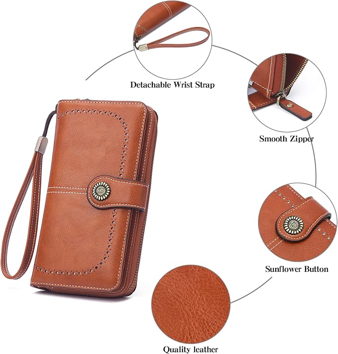 RNIEGA Womens Wallet Leather Billfold RFID Blocking Credit Card Holder Wristlet Wallets for Women Ladies Purses with Zipper Coin Pocket