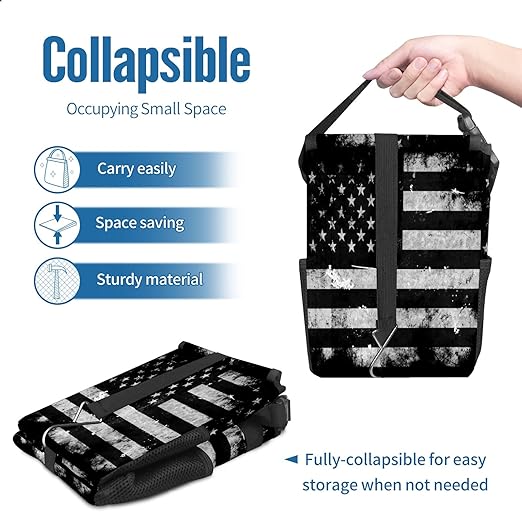 Car Trash Can Black White Grunge American Flag Auto Garbage Bag Car Trash Can with Lid Leak-Proof Car Storage Bag Garbage Bag Hanging for Headrest Collapsible and Portable with Storage Mesh Pocket