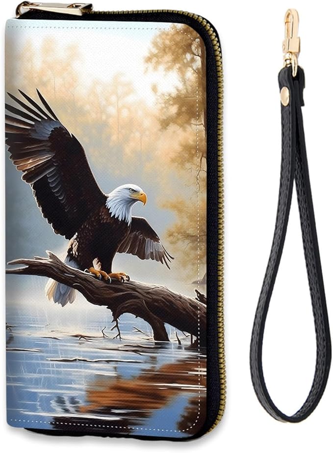 Women's RFID Blocking Zip Around Wallet with Detachable Wrist Strap, Large Capacity Credit Card Holder Organizer for Everyday Use,Bald Eagle